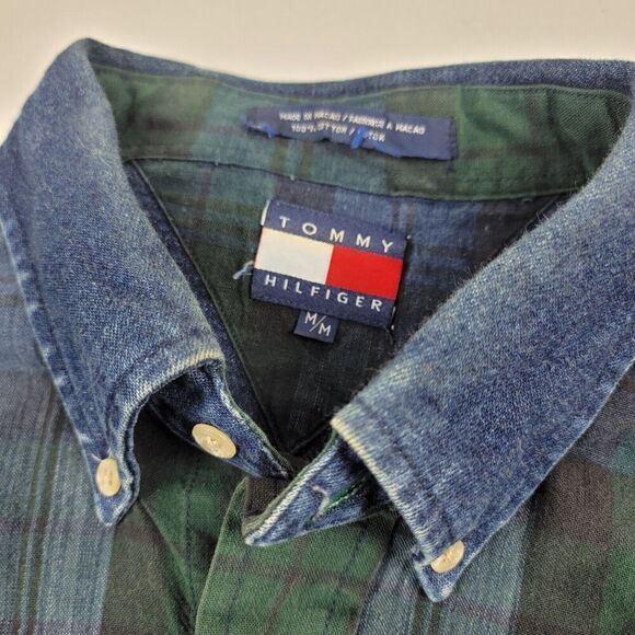 Vintage Y2K 90s Tommy Hilfiger Crest Long Sleeve Button Down Denim Plaid Shirt - Picture 8 of 14